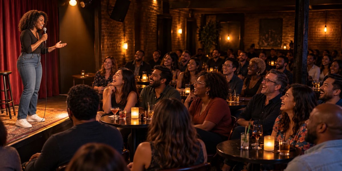 Comedian auf der Bühne vor lachendem Publikum