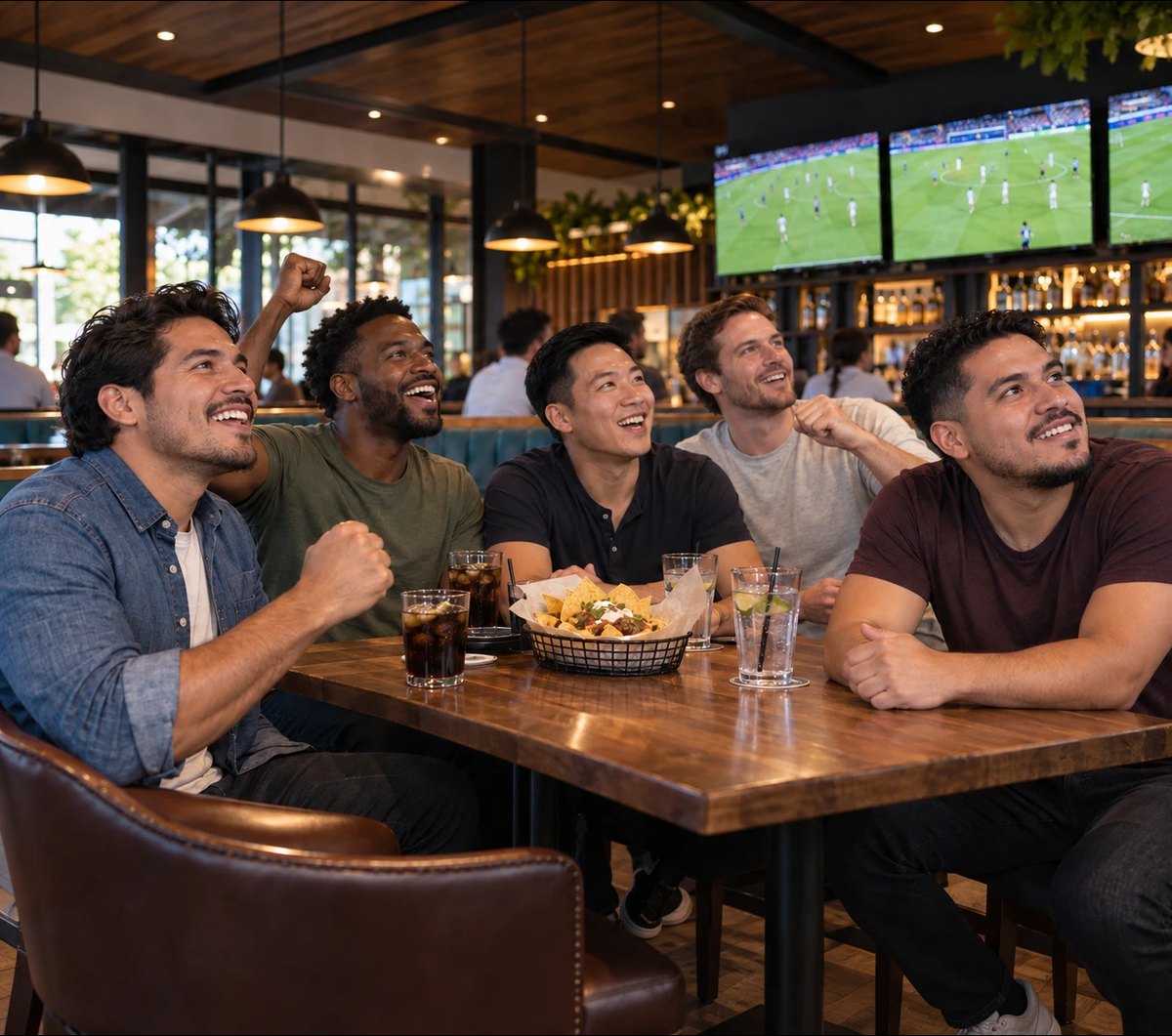 Freunde jubeln in einer Sportbar bei einem Spiel