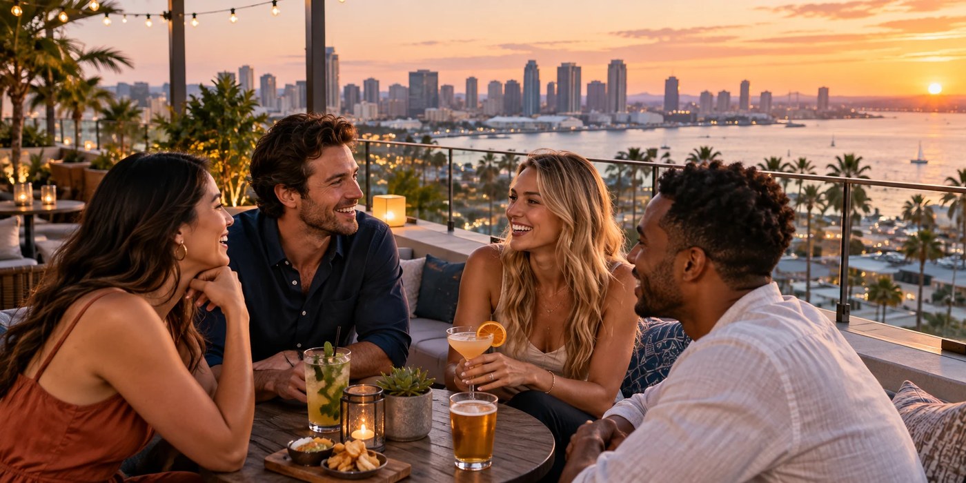 Rooftop lounge over the bay at sunset