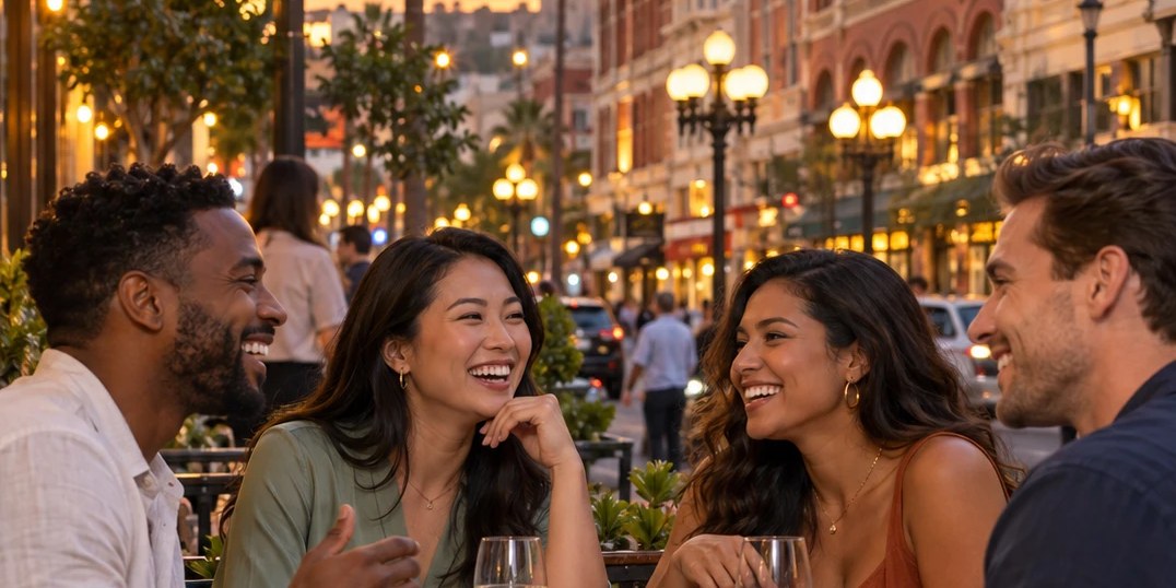 Friends at a Gaslamp Quarter patio dinner at dusk